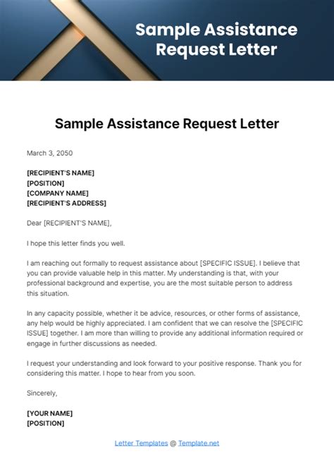 Sample Letter Of Request For Assistance Or Support.
